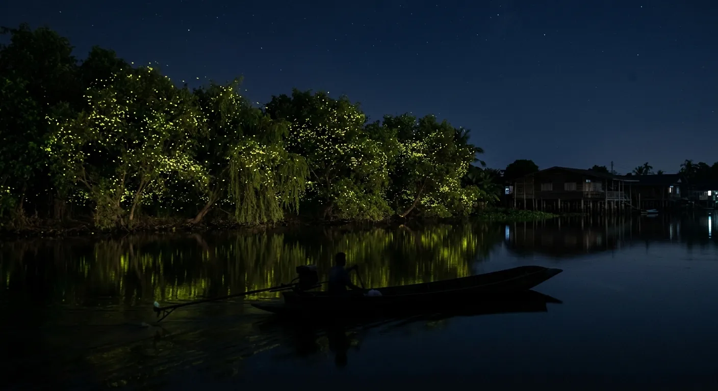 文章封面，呈現從船上看河岸樹上螢火蟲的夜景