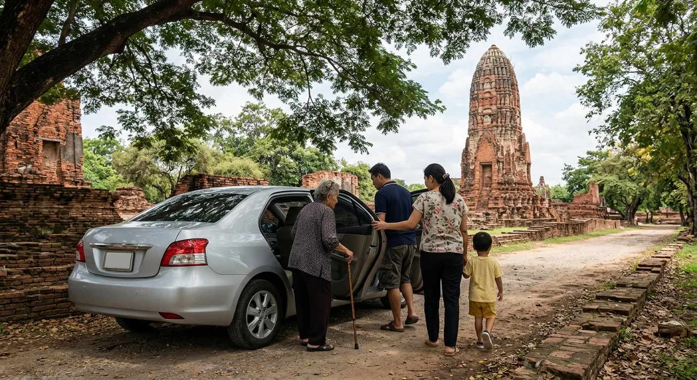 封面圖，呈現家庭包車到大城遺址的情境