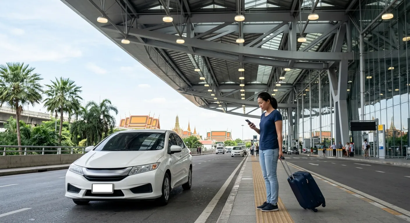文章封面，呈現旅客在機場航廈外等叫車的情境