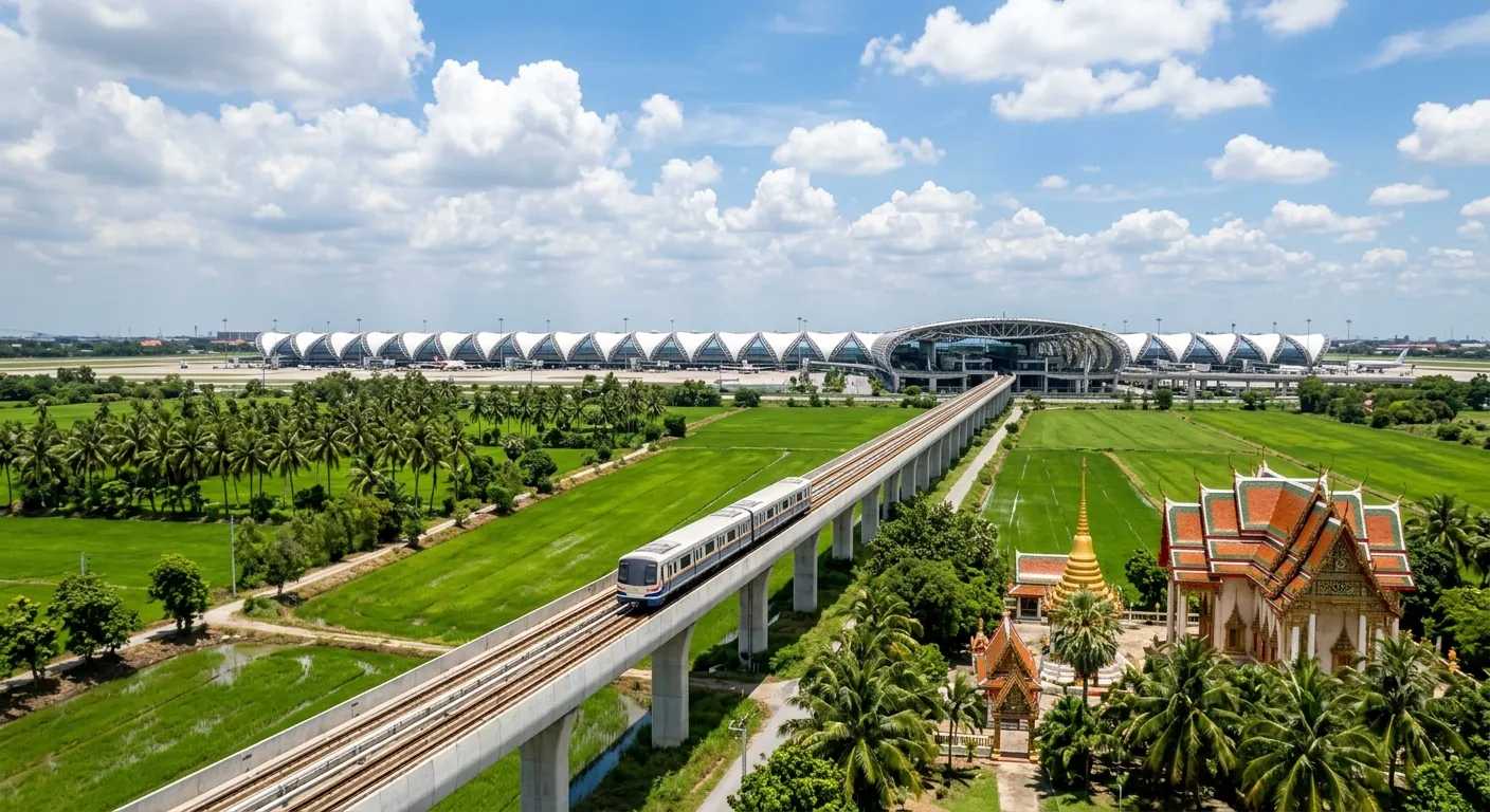文章封面，呈現從機場搭鐵路進入曼谷市區的情境