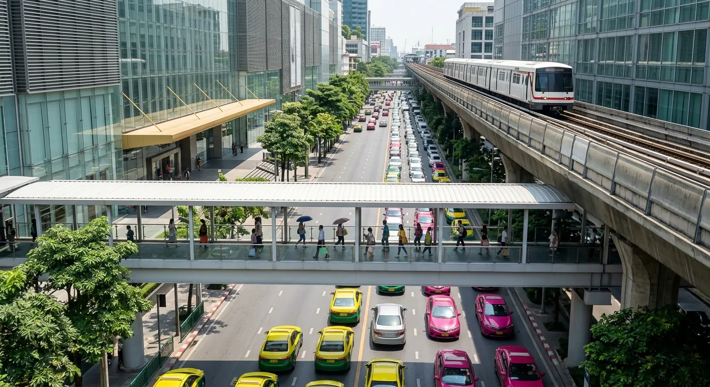 文章主視覺，呈現曼谷市中心商場區以空橋與高架軌道連通的樣子