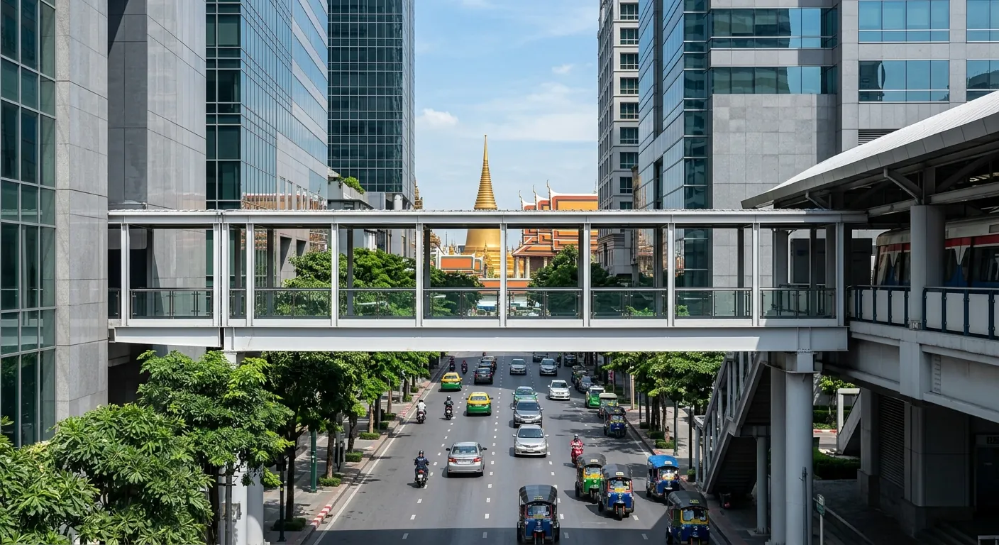 文章封面，呈現沿著 BTS 規劃曼谷市區行程的城市景觀