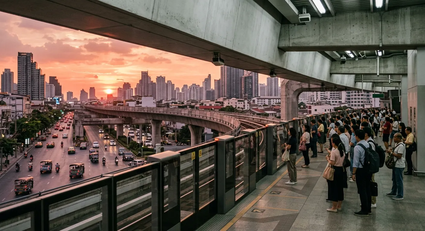 呈現傍晚 BTS 月台旅客排隊候車的情境