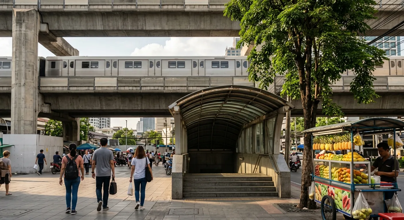文章封面，對照高架的 BTS 與通往地下的 MRT 車站入口