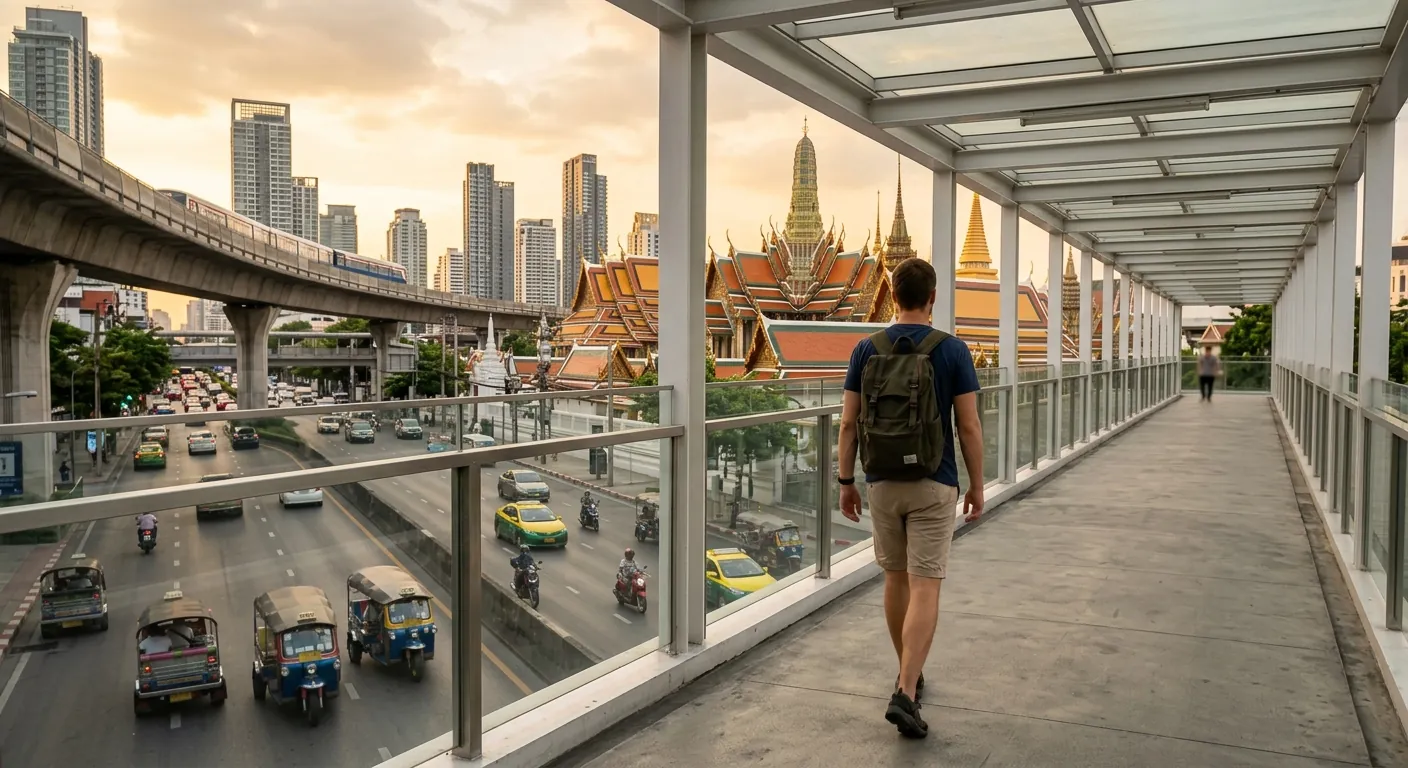 呈現 BTS 與 MRT 轉乘時要出站、步行到另一個車站的情境