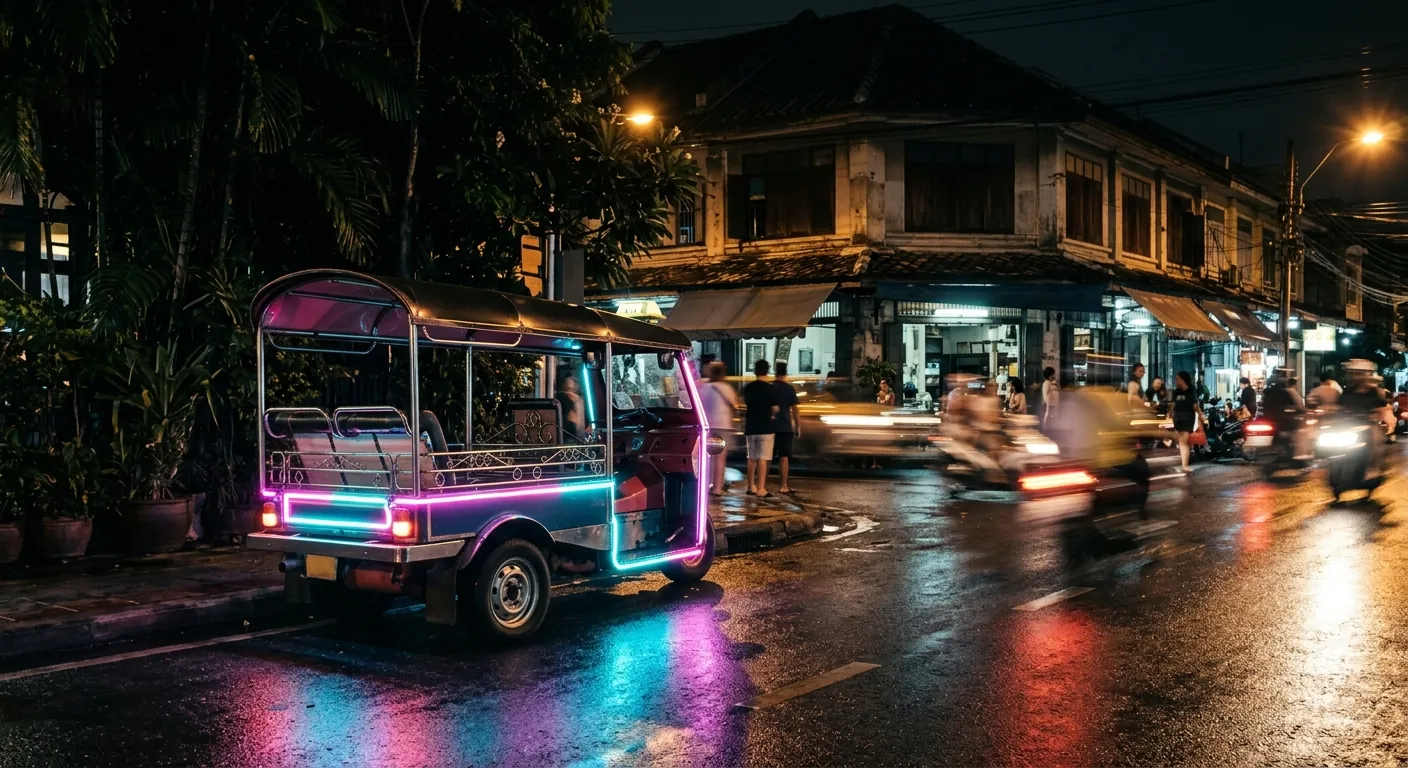 文章主視覺，呈現曼谷夜間街道與嘟嘟車的情境