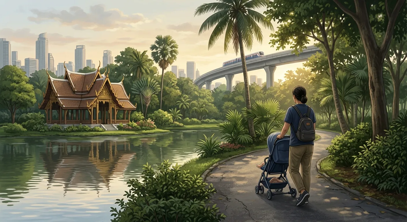 文章主視覺，呈現帶小孩在曼谷早晨逛公園的節奏