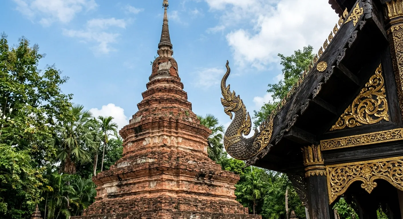 呈現清邁古城寺廟的磚造佛塔與蘭納式木雕建築特色