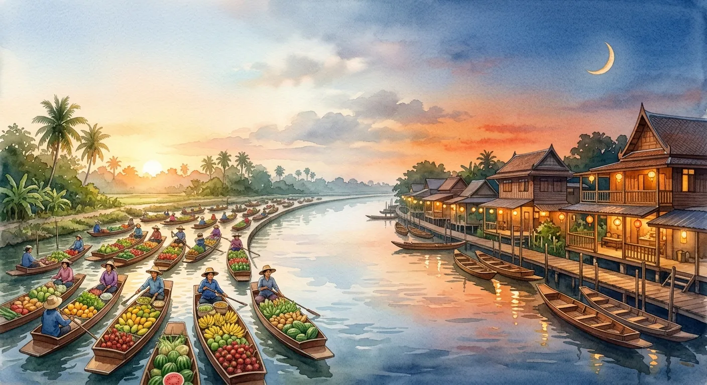 概念圖，表達早市型與午後到晚上型水上市場的時段差異