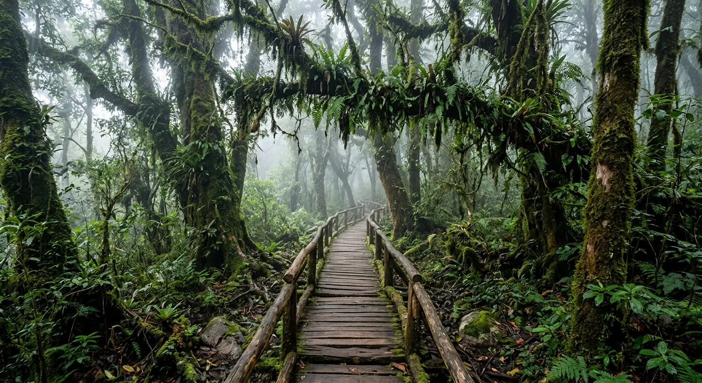 說明一日遊行程中山頂一帶的步道與雲霧林景觀，放在時間安排段