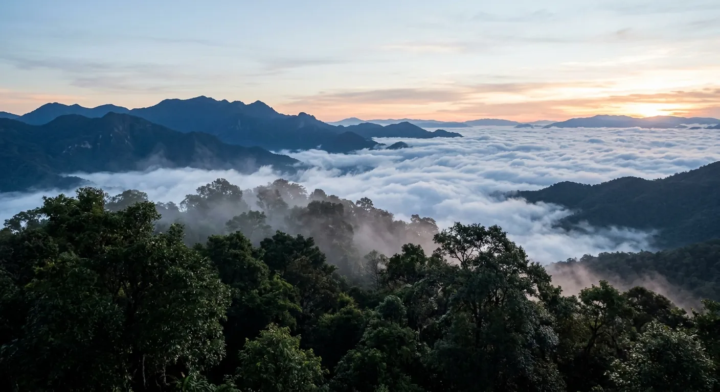 文章主視覺，呈現茵他儂山上清晨雲霧與低溫的氛圍