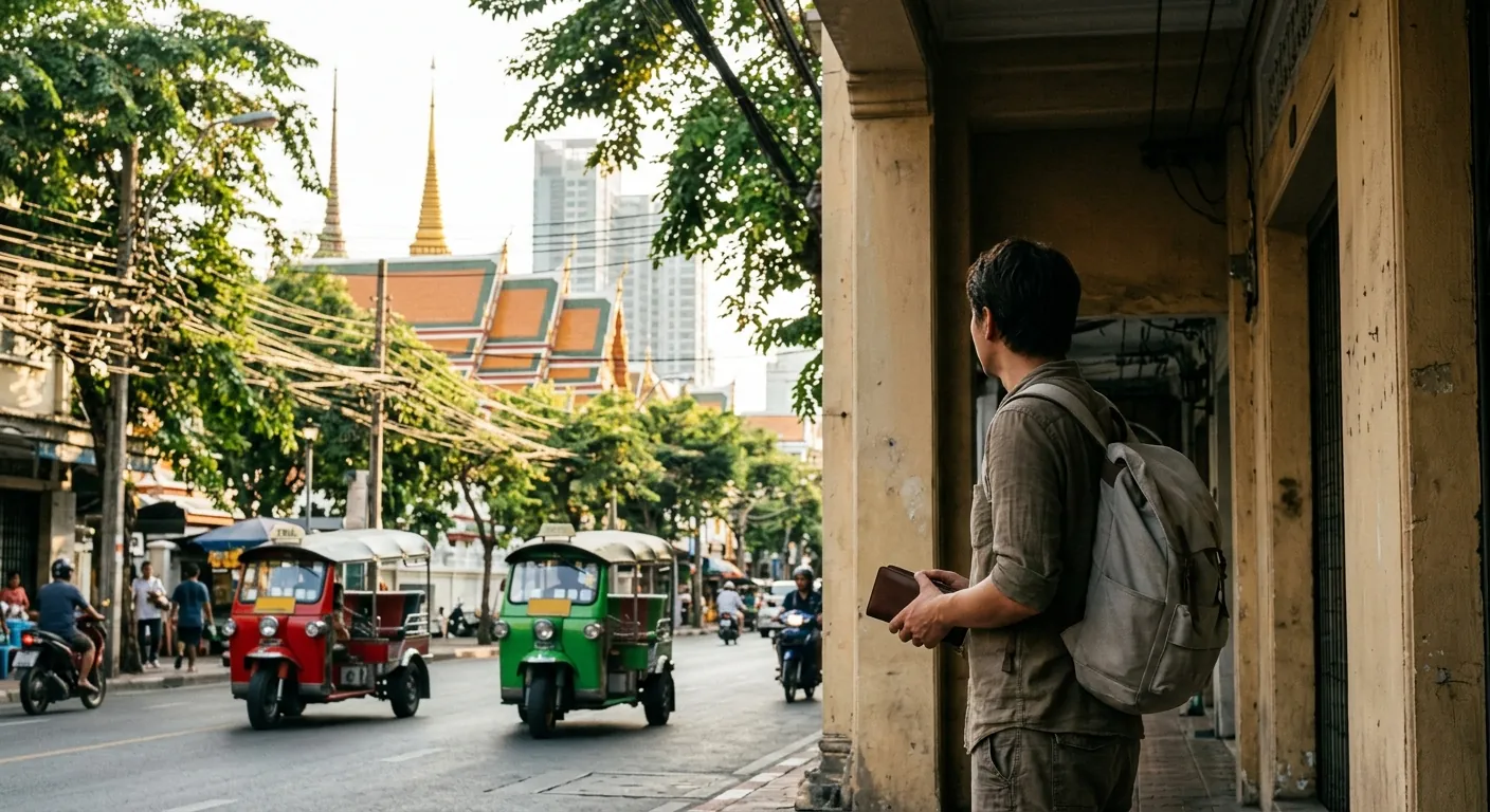 文章封面，呈現旅人在泰國街頭準備處理換錢與付款的情境