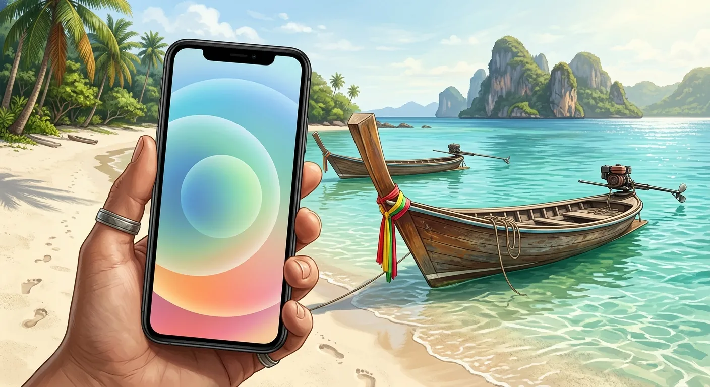 文章主視覺，呈現在泰國海邊用手機上網的情境
