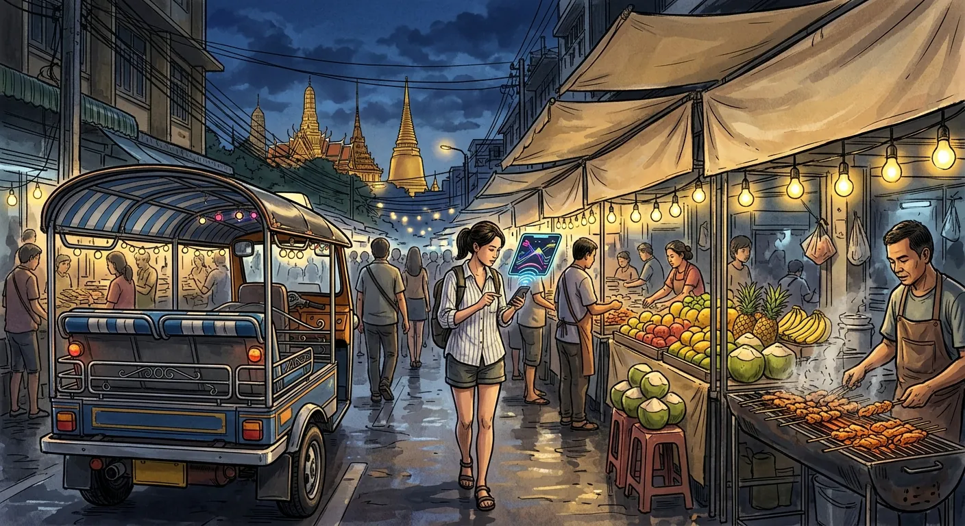 情境圖，呈現在泰國夜市邊走邊用手機上網