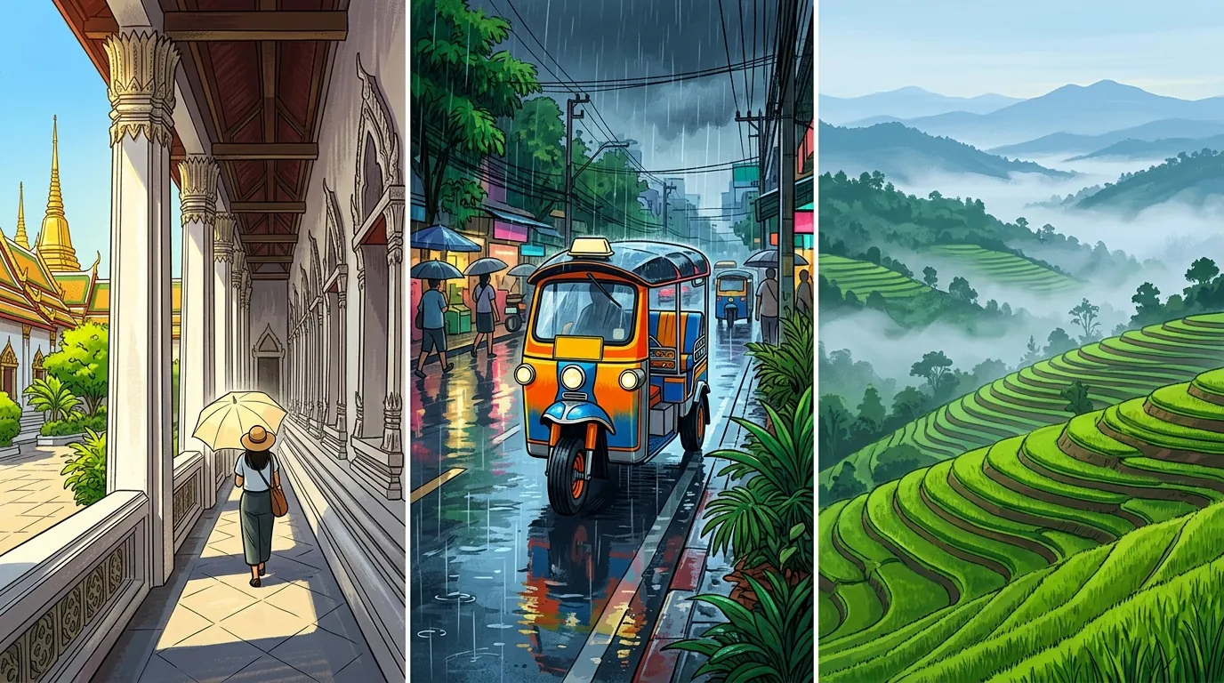 用三個畫面對照泰國熱季、雨季、涼季的旅遊情境